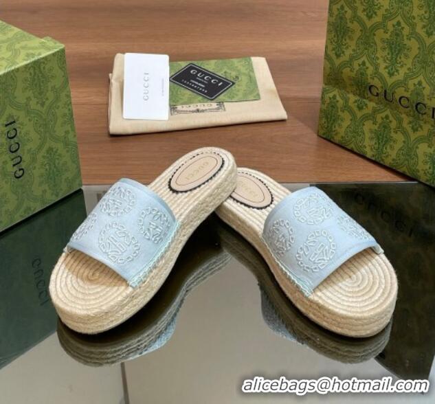 Top Grade Gucci Interlocking G Canvas Platform Espadrille Slide Sandals Light Blue 429015