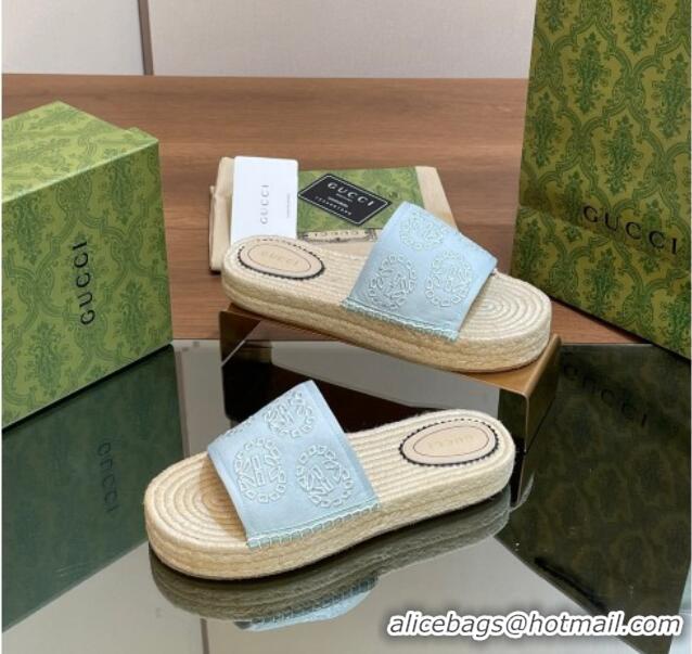 Top Grade Gucci Interlocking G Canvas Platform Espadrille Slide Sandals Light Blue 429015