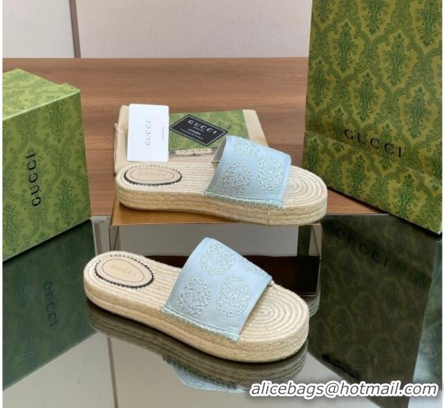 Top Grade Gucci Interlocking G Canvas Platform Espadrille Slide Sandals Light Blue 429015