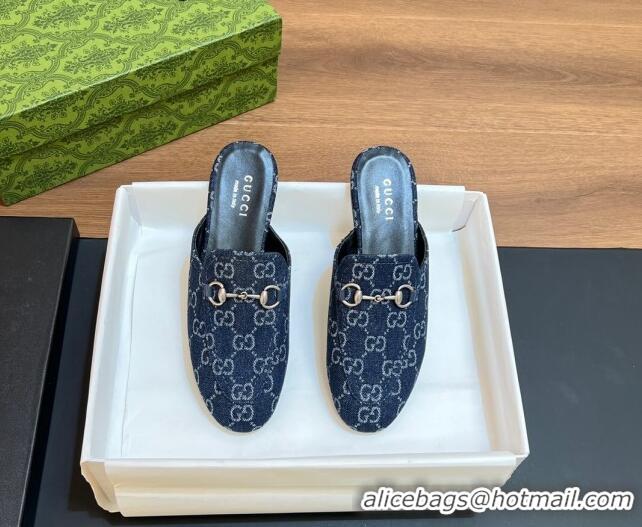 Cheap Price Gucci Princetown Flat Slippers in Dark Blue GG Denim 51604