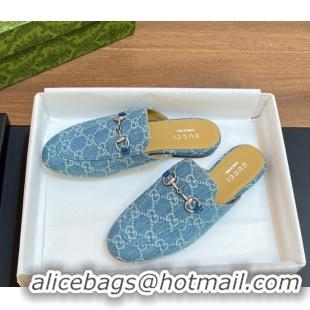 Luxurious Gucci Princetown Flat Slippers in Light Blue GG Denim 051603