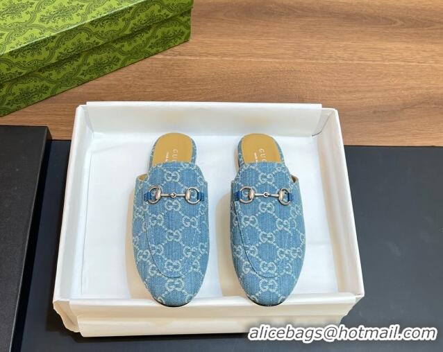 Luxurious Gucci Princetown Flat Slippers in Light Blue GG Denim 051603