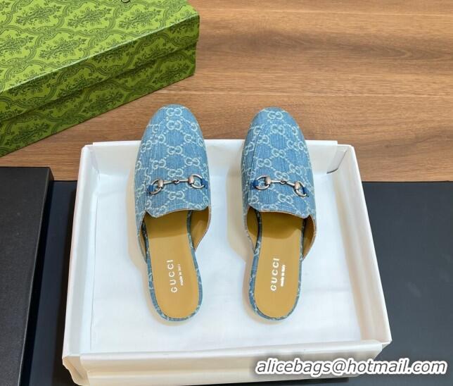 Luxurious Gucci Princetown Flat Slippers in Light Blue GG Denim 051603