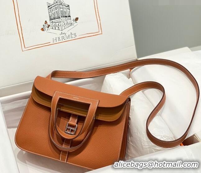 Famous Brand Hermes Halzan 25cm Bag in Togo Calfskin Leather and Lambskin H7080 Brown/Silver (Half Handmade)