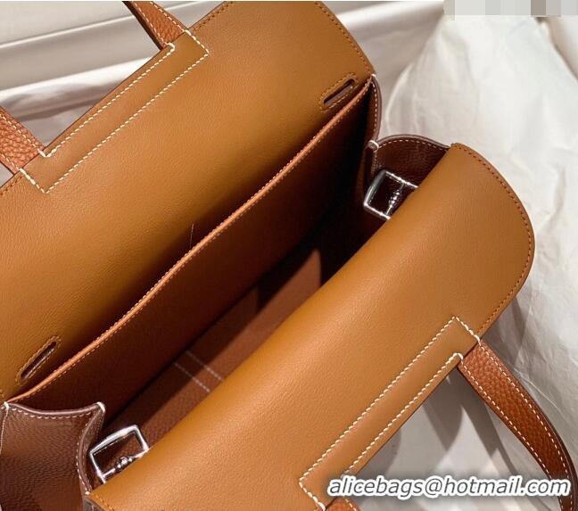 Famous Brand Hermes Halzan 25cm Bag in Togo Calfskin Leather and Lambskin H7080 Brown/Silver (Half Handmade)