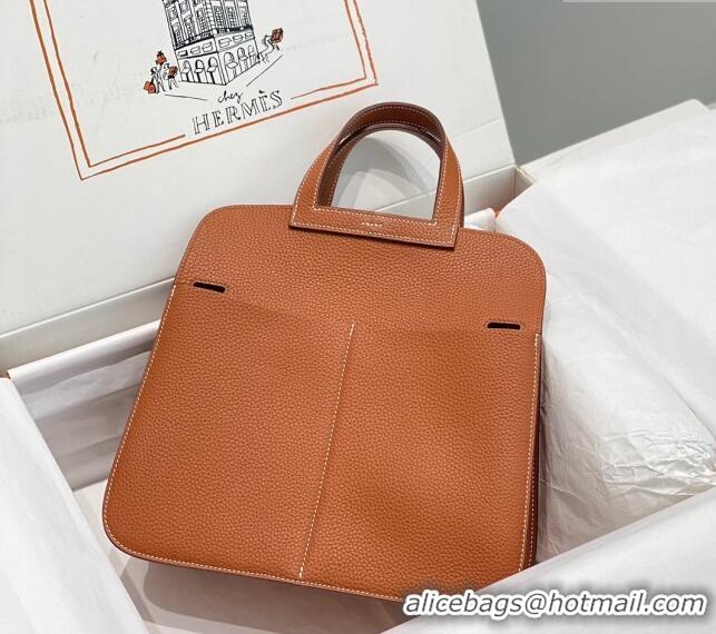 Famous Brand Hermes Halzan 25cm Bag in Togo Calfskin Leather and Lambskin H7080 Brown/Silver (Half Handmade)