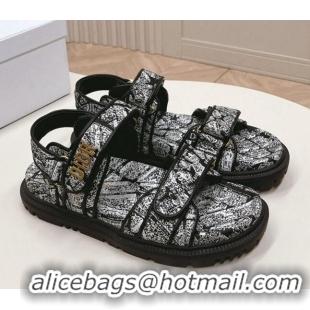 Stylish Dior Dioract Strap Sandals in White2 and Black Technical Fabric with Plan de Paris Print 0506041