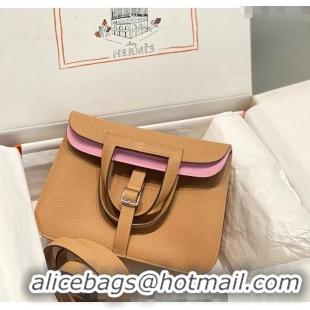 Big Discount Hermes Halzan 25cm Bag in Togo Calfskin Leather and Lambskin H7080 Milky Tea Brown/Mallow Purple (Half Hand