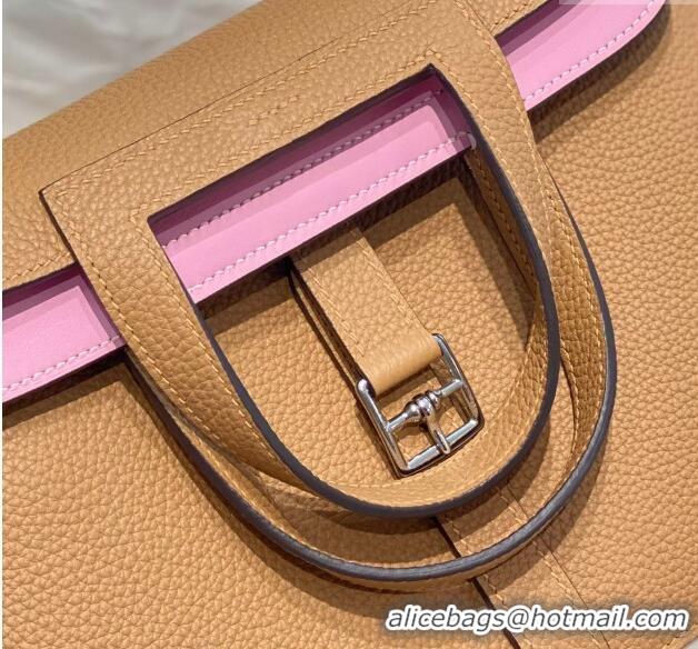 Big Discount Hermes Halzan 25cm Bag in Togo Calfskin Leather and Lambskin H7080 Milky Tea Brown/Mallow Purple (Half Hand