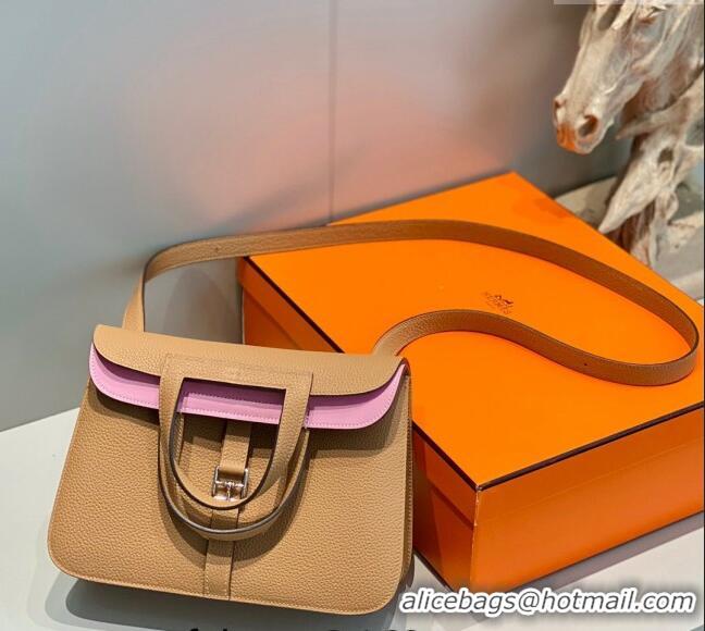 Big Discount Hermes Halzan 25cm Bag in Togo Calfskin Leather and Lambskin H7080 Milky Tea Brown/Mallow Purple (Half Hand