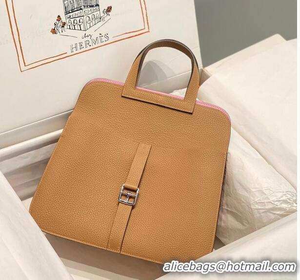 Big Discount Hermes Halzan 25cm Bag in Togo Calfskin Leather and Lambskin H7080 Milky Tea Brown/Mallow Purple (Half Hand