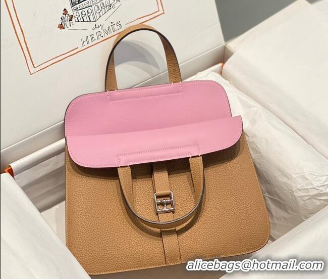 Big Discount Hermes Halzan 25cm Bag in Togo Calfskin Leather and Lambskin H7080 Milky Tea Brown/Mallow Purple (Half Hand