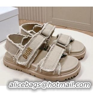 Good Quality Dior Dioract Strap Sandals in Fringed Cotton Canvas Grey 506045