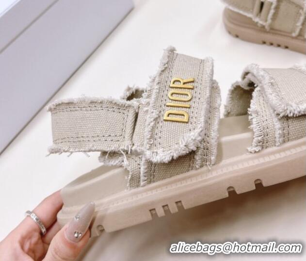 Good Quality Dior Dioract Strap Sandals in Fringed Cotton Canvas Grey 506045