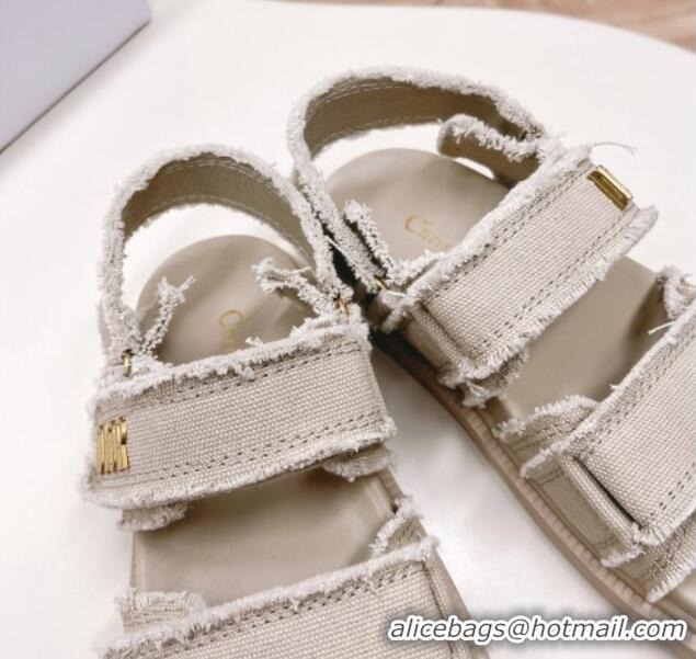 Good Quality Dior Dioract Strap Sandals in Fringed Cotton Canvas Grey 506045