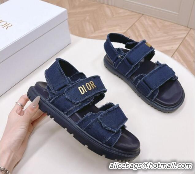 Best Product Dior Dioract Strap Sandals in Fringed Cotton Canvas Denim Blue 506046