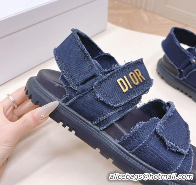 Best Product Dior Dioract Strap Sandals in Fringed Cotton Canvas Denim Blue 506046