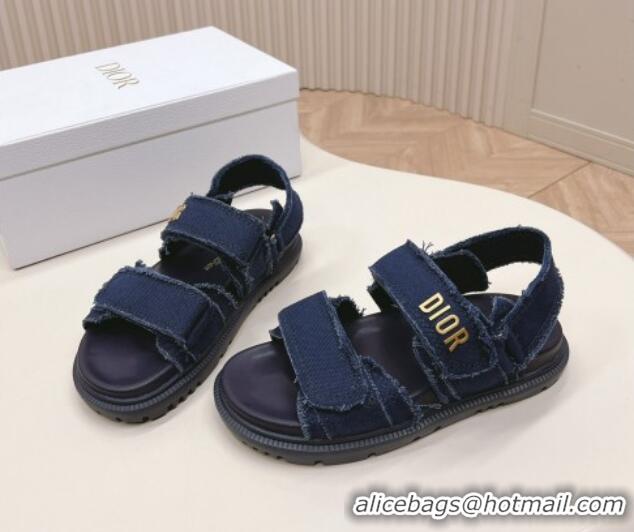 Best Product Dior Dioract Strap Sandals in Fringed Cotton Canvas Denim Blue 506046