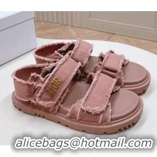 Best Grade Dior Dioract Strap Sandals in Fringed Cotton Canvas Pink 506047