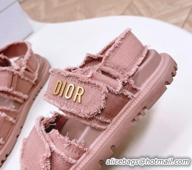 Best Grade Dior Dioract Strap Sandals in Fringed Cotton Canvas Pink 506047