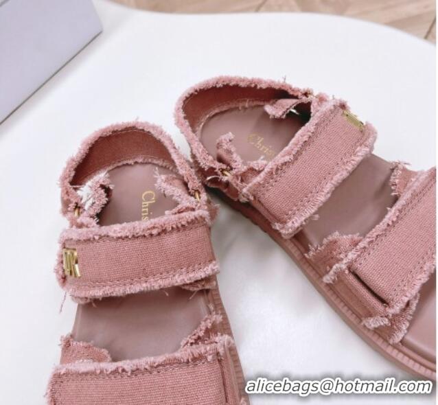 Best Grade Dior Dioract Strap Sandals in Fringed Cotton Canvas Pink 506047