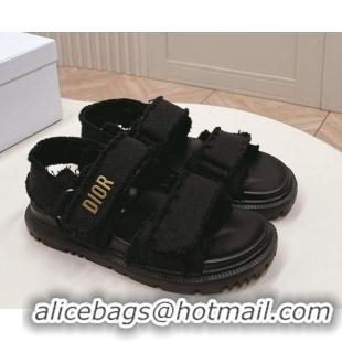 Stylish Dior Dioract Strap Sandals in Fringed Cotton Canvas Black 506048