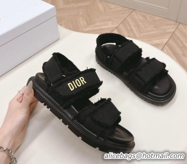 Stylish Dior Dioract Strap Sandals in Fringed Cotton Canvas Black 506048