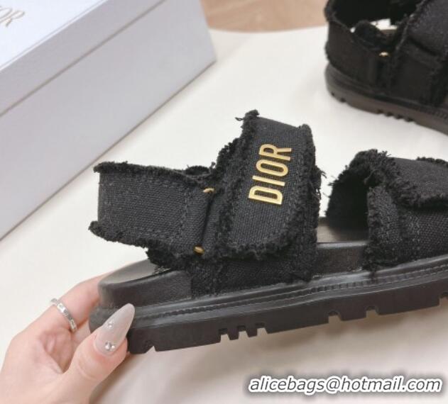 Stylish Dior Dioract Strap Sandals in Fringed Cotton Canvas Black 506048