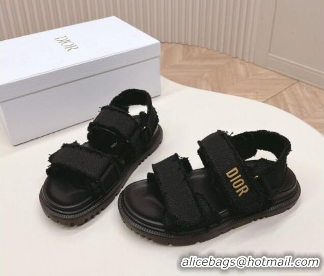 Stylish Dior Dioract Strap Sandals in Fringed Cotton Canvas Black 506048