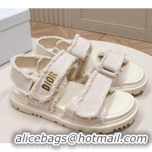 Good Quality Dior Dioract Strap Sandals in Fringed Cotton Canvas White 506049