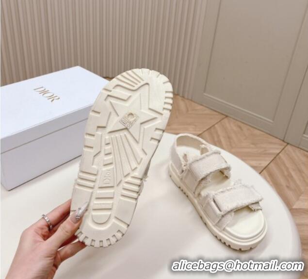 Good Quality Dior Dioract Strap Sandals in Fringed Cotton Canvas White 506049