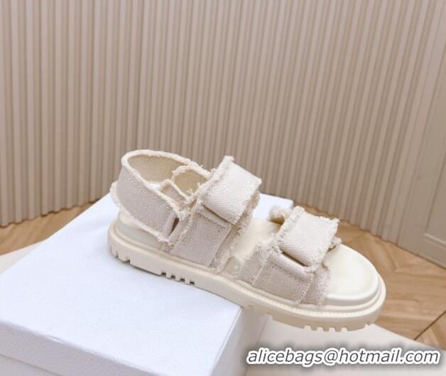 Good Quality Dior Dioract Strap Sandals in Fringed Cotton Canvas White 506049