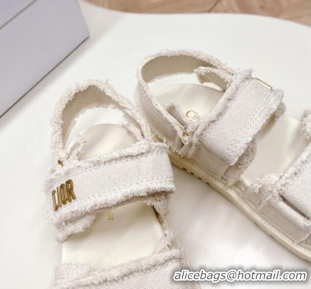 Good Quality Dior Dioract Strap Sandals in Fringed Cotton Canvas White 506049