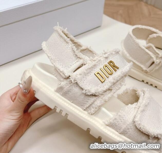 Good Quality Dior Dioract Strap Sandals in Fringed Cotton Canvas White 506049