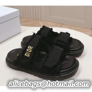 Sumptuous Dior Dioract Flat Slide Sandals in Fringed Cotton Canvas Black 0506050