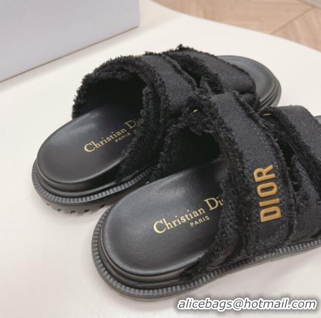 Sumptuous Dior Dioract Flat Slide Sandals in Fringed Cotton Canvas Black 0506050