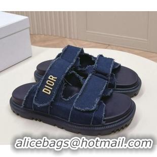 Sophisticated Dior Dioract Flat Slide Sandals in Fringed Cotton Canvas Denim Blue 0506051