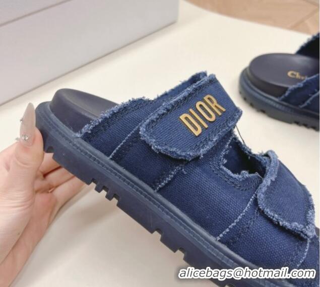 Sophisticated Dior Dioract Flat Slide Sandals in Fringed Cotton Canvas Denim Blue 0506051