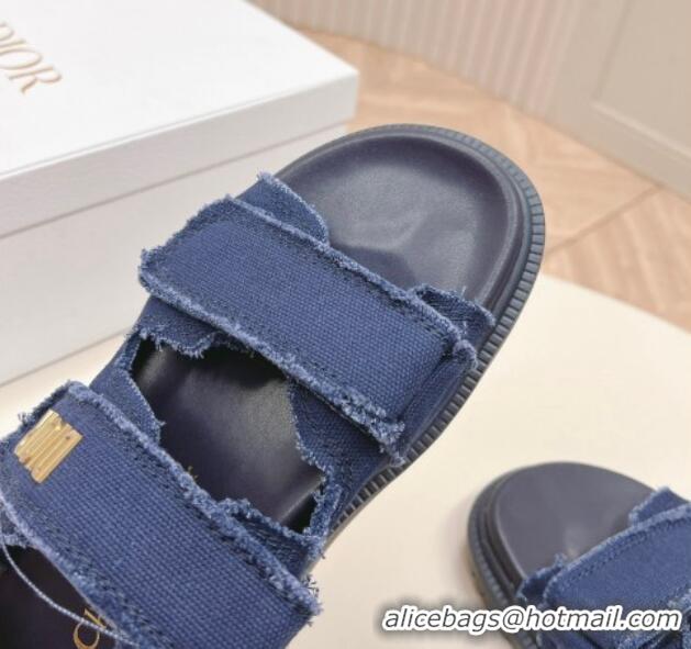 Sophisticated Dior Dioract Flat Slide Sandals in Fringed Cotton Canvas Denim Blue 0506051