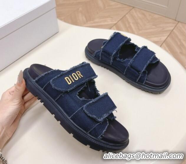 Sophisticated Dior Dioract Flat Slide Sandals in Fringed Cotton Canvas Denim Blue 0506051