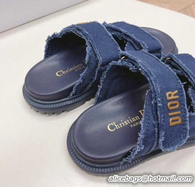 Sophisticated Dior Dioract Flat Slide Sandals in Fringed Cotton Canvas Denim Blue 0506051