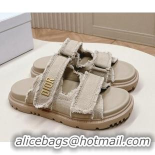 Perfect Dior Dioract Flat Slide Sandals in Fringed Cotton Canvas Grey 0506052