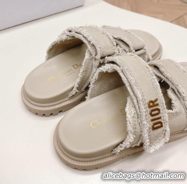 Perfect Dior Dioract Flat Slide Sandals in Fringed Cotton Canvas Grey 0506052