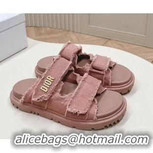 Buy Fashionable Dior Dioract Flat Slide Sandals in Fringed Cotton Canvas Pink 0506053