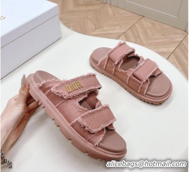 Buy Fashionable Dior Dioract Flat Slide Sandals in Fringed Cotton Canvas Pink 0506053