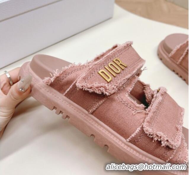 Buy Fashionable Dior Dioract Flat Slide Sandals in Fringed Cotton Canvas Pink 0506053