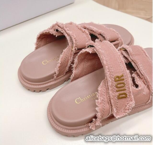 Buy Fashionable Dior Dioract Flat Slide Sandals in Fringed Cotton Canvas Pink 0506053