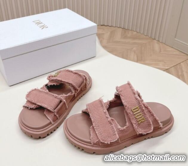 Buy Fashionable Dior Dioract Flat Slide Sandals in Fringed Cotton Canvas Pink 0506053