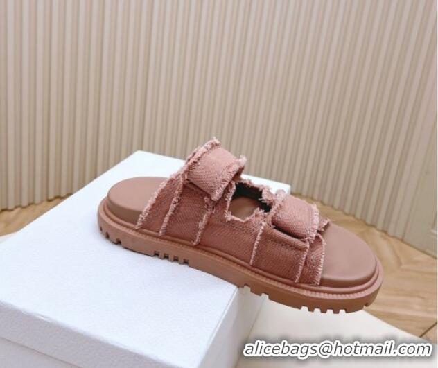 Buy Fashionable Dior Dioract Flat Slide Sandals in Fringed Cotton Canvas Pink 0506053