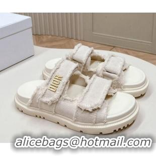 Classic Hot Dior Dioract Flat Slide Sandals in Fringed Cotton Canvas White 0506054